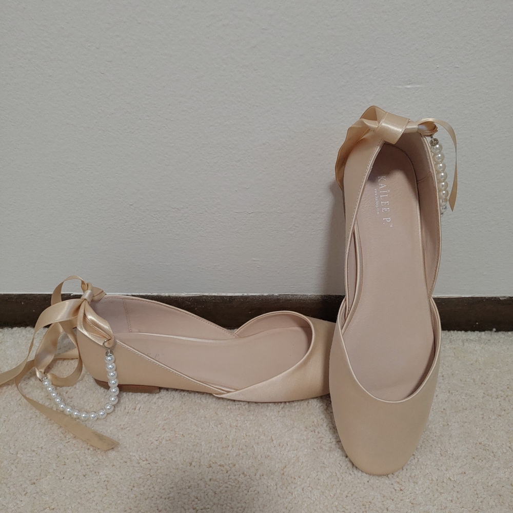 Satin Round Toe Evening Flat With All Pearl Ankle Strap